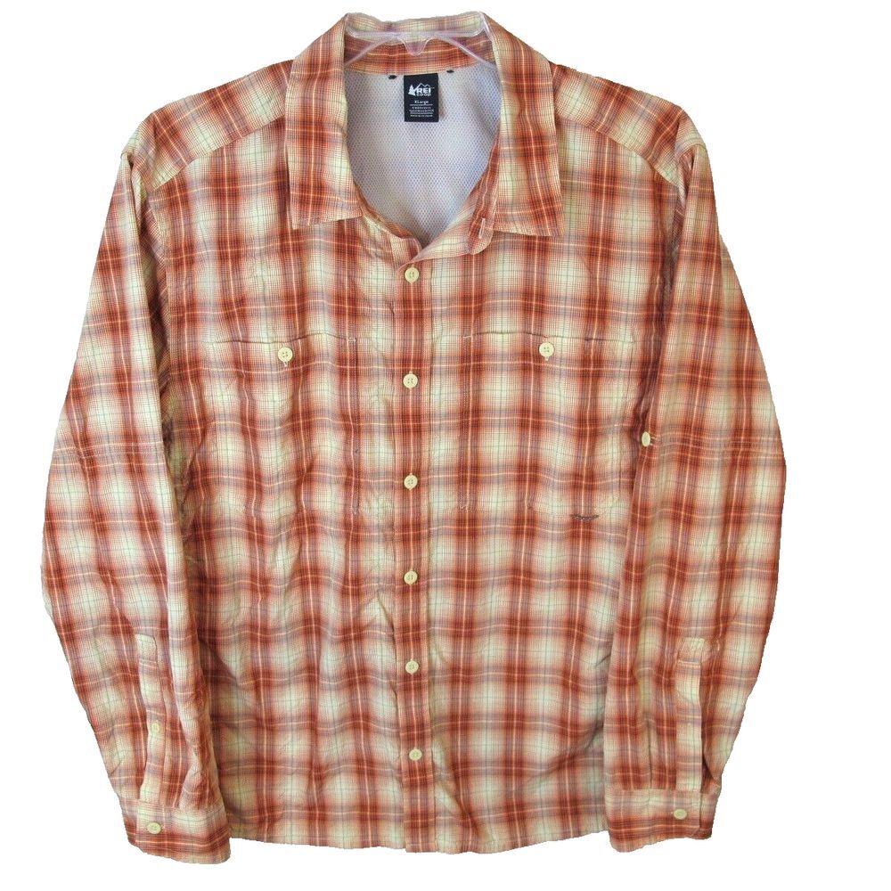 REI Co-op Roll Tab Shirt Men's‎ XL Orange Plaid Vented Outdoor Nylon Stretch